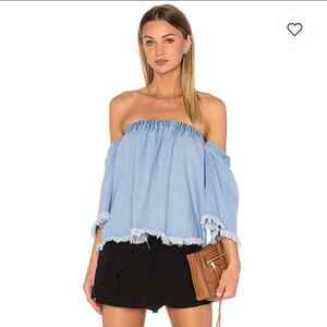 J.O.A. Denim Off-Shoulder Top XS 100% Cotton 3/4 Sleeve Beach Summer